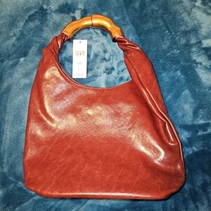 Antropologie Burgundy Faux Leather Hobo Shoulder Bag with Bamboo-Style Handle